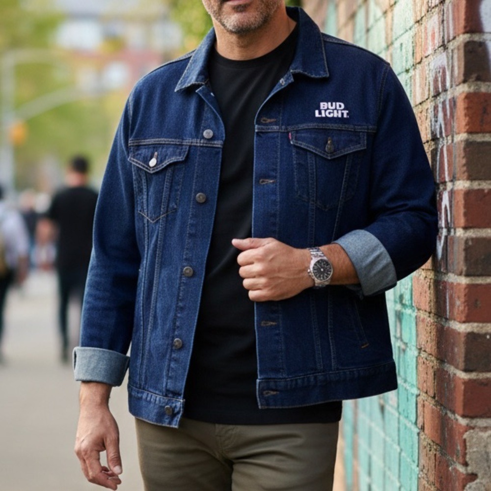 Bud Light Mens Denim Trucker Jacket Dark‎ Wash Blue Logo 2XL XXL Cotton Stretch